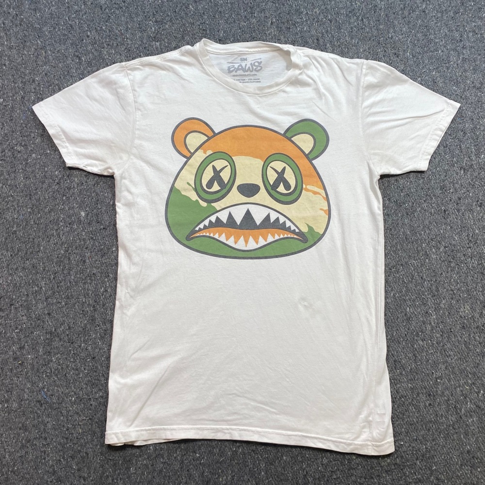 BAWS TShirt Sz S Mens White Streetwear Camo Bear Graphic Shark Mouth USA Made
